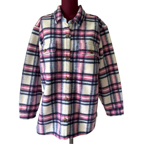 Vineyard Vines Brushed Shirt Jacket Shacket size M Plaid Cream Pink Purple Butto - Picture 1 of 10
